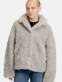 Amber & June Damen Plüschjacke in grau light stone