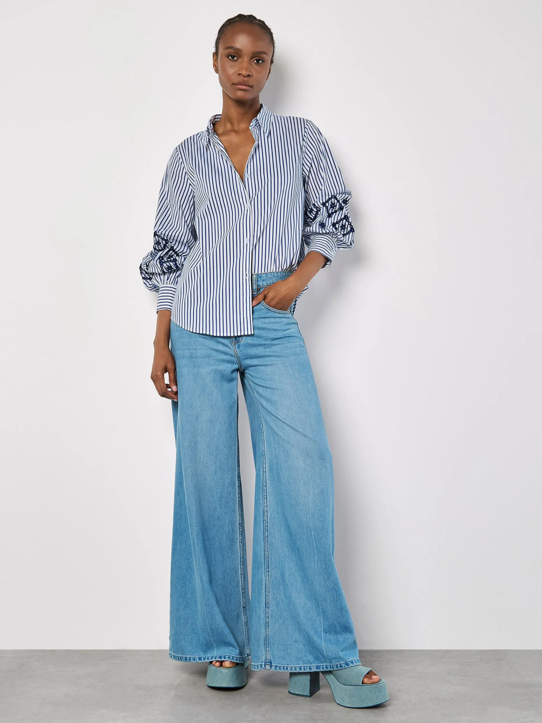 Apricot Damen Bluse in blau weiß - Ärmel: langarm