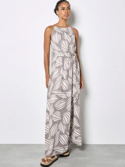 Apricot Damen Maxikleid in taupe weiß - Länge: lang
