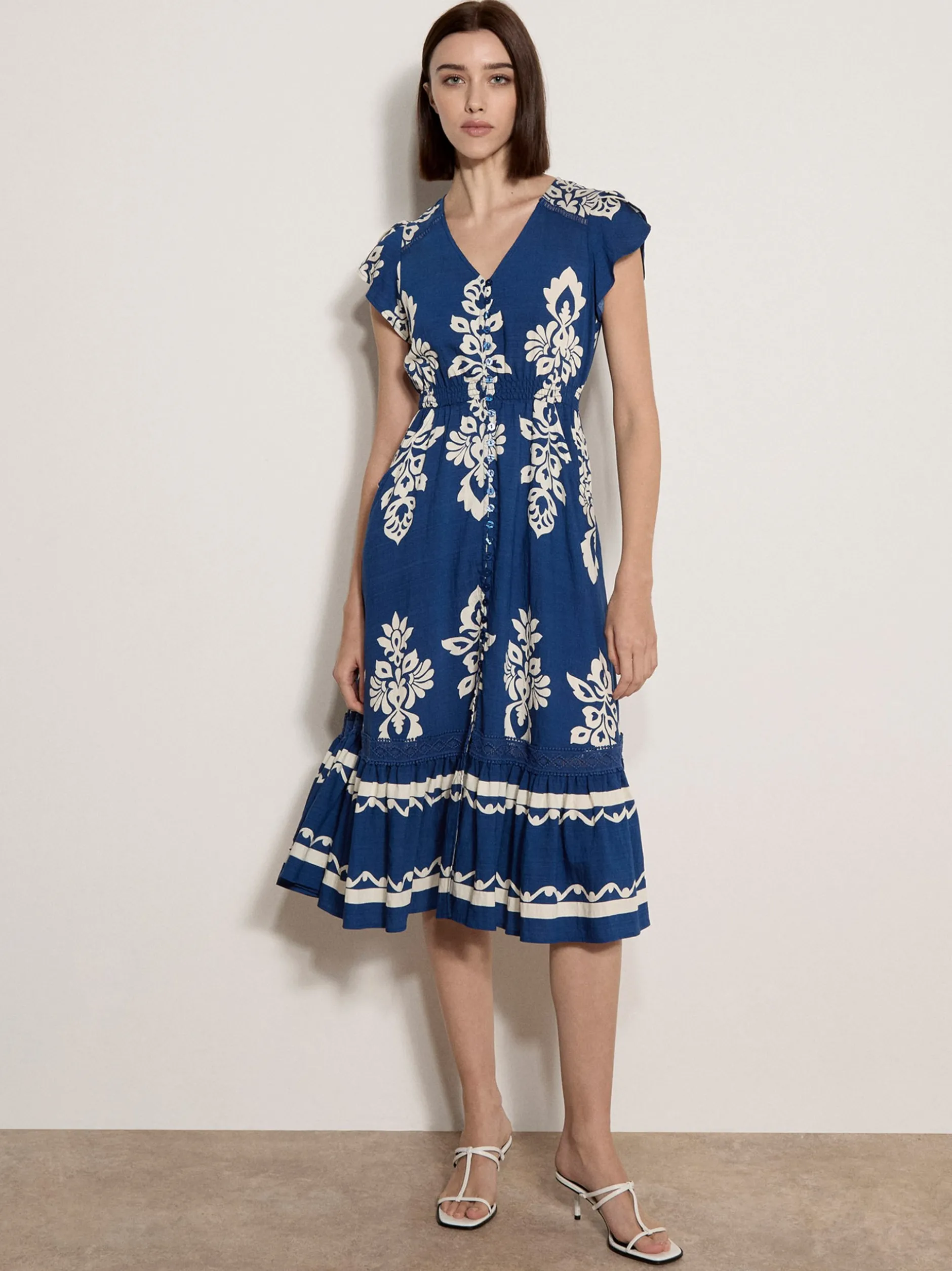 Apricot Damen Midikleid in blau weiß - Länge: lang