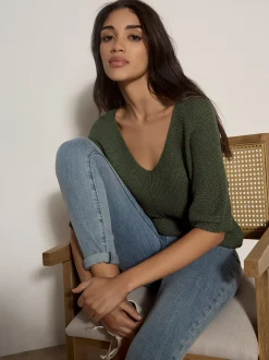 Apricot Damen Strickshirt in oliv khaki - Ärmel: 3/4 Arm