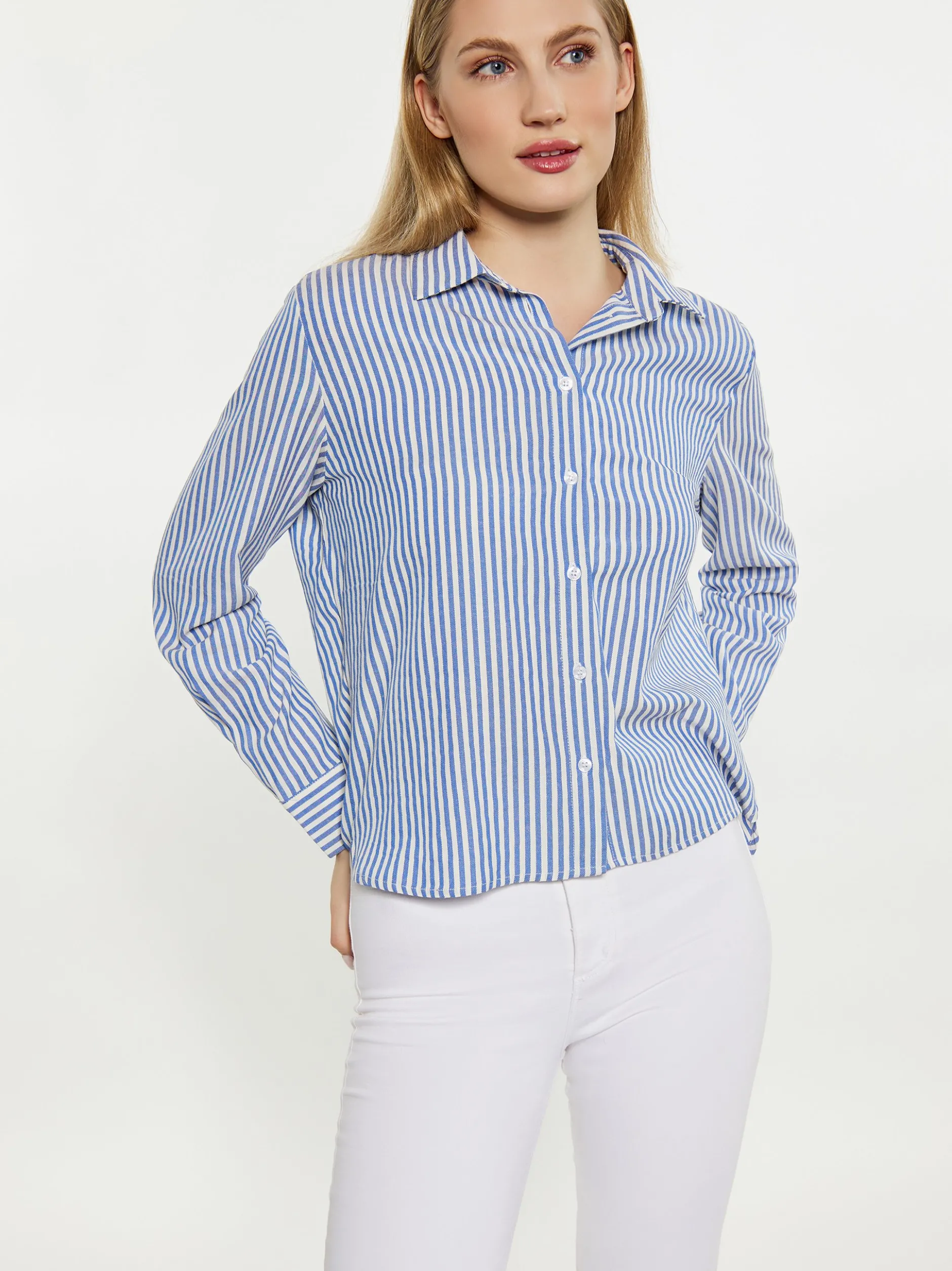 Dreimaster Damen Bluse in blau - Ausschnitt: ohne Kragen