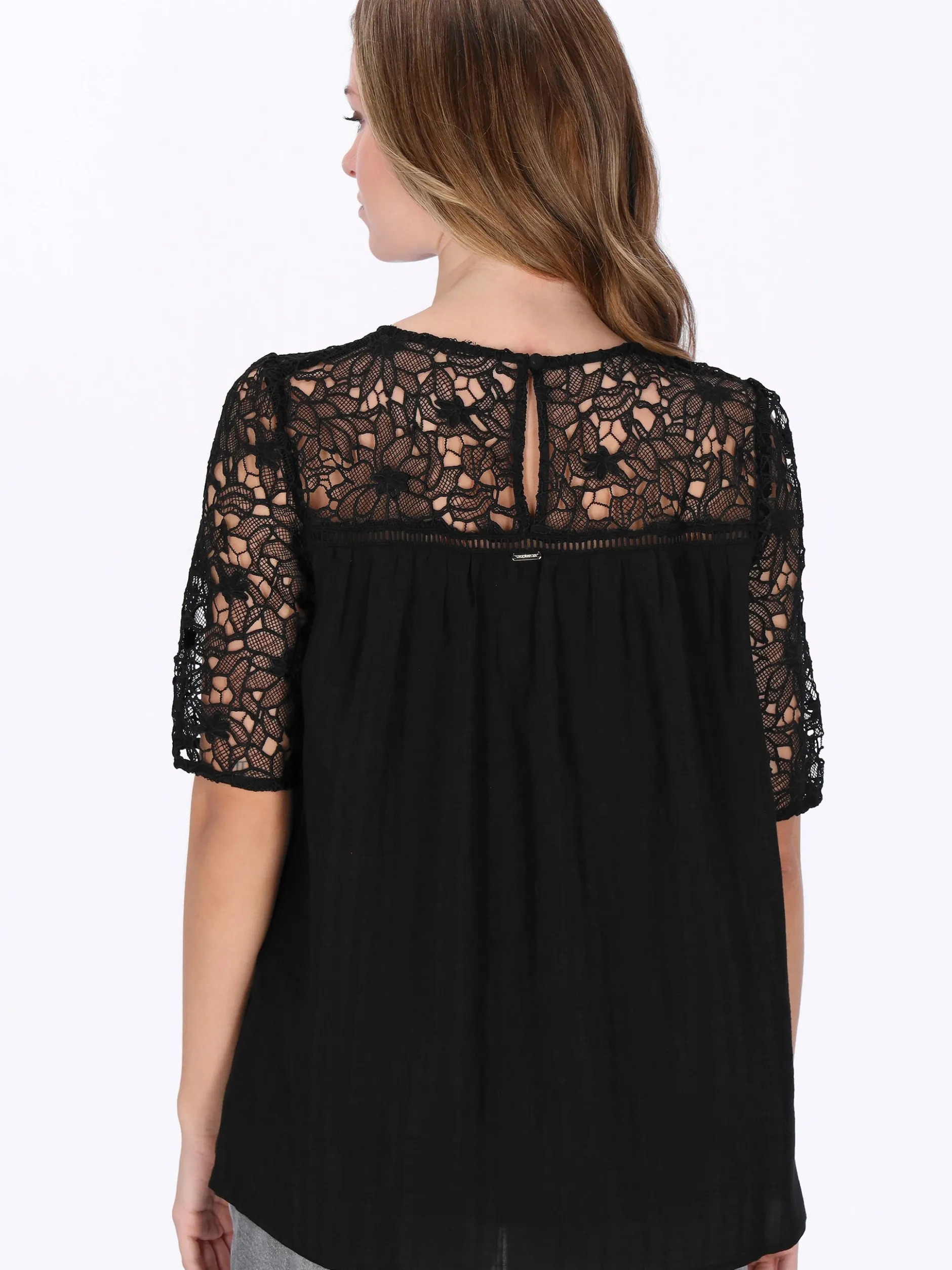Dreimaster Damen Bluse in schwarz - Ausschnitt: Rundhals