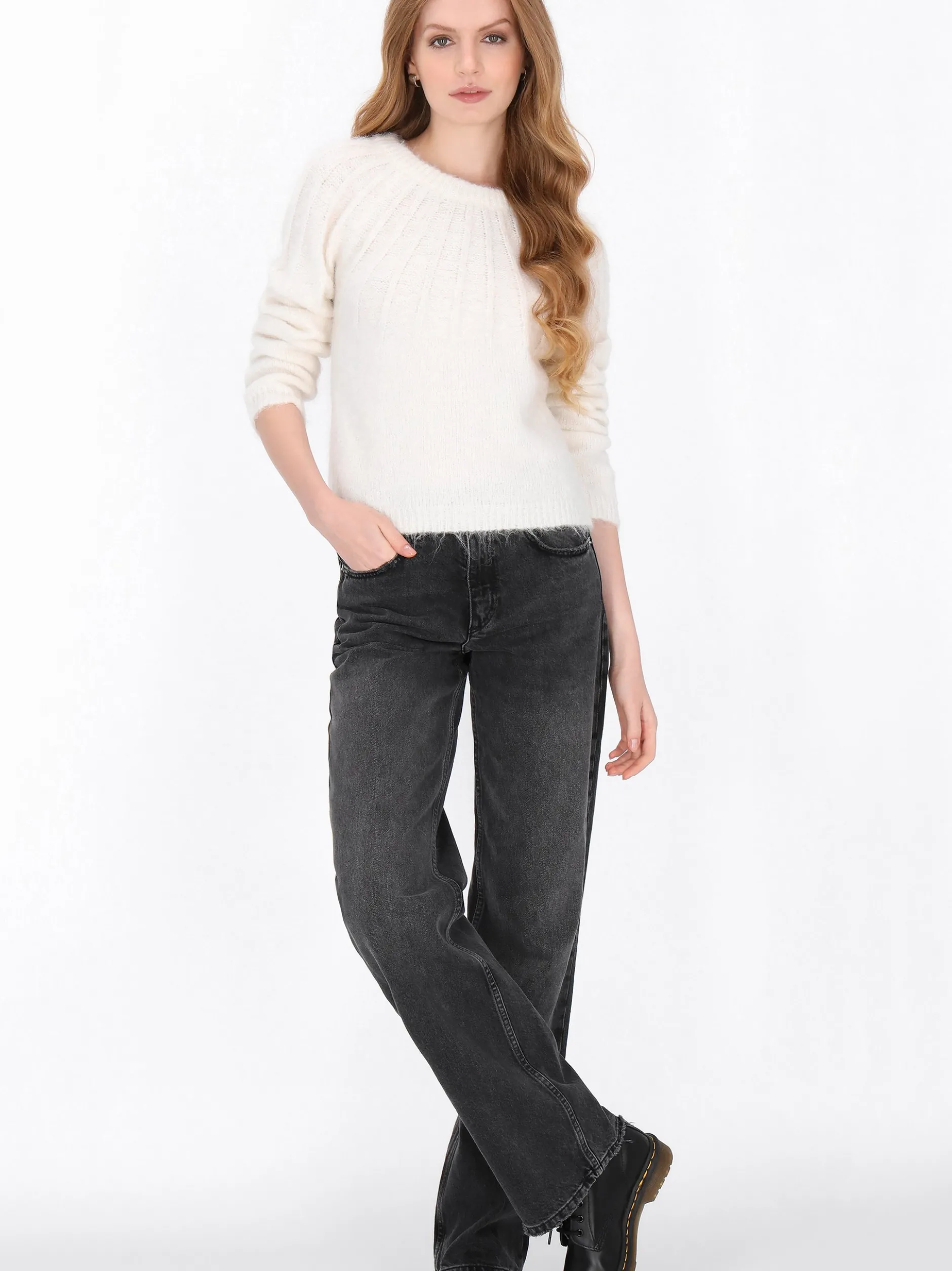 Dreimaster Damen Pullover in weiß - Ausschnitt: Rundhals