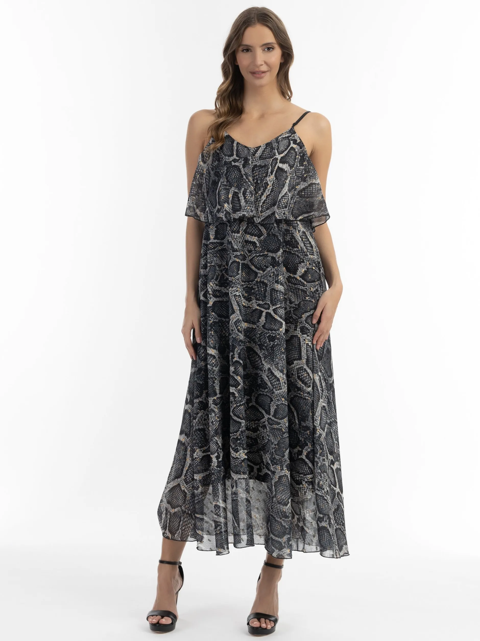 Faina Damen Maxikleid mit Schlangen-Print in schwarz