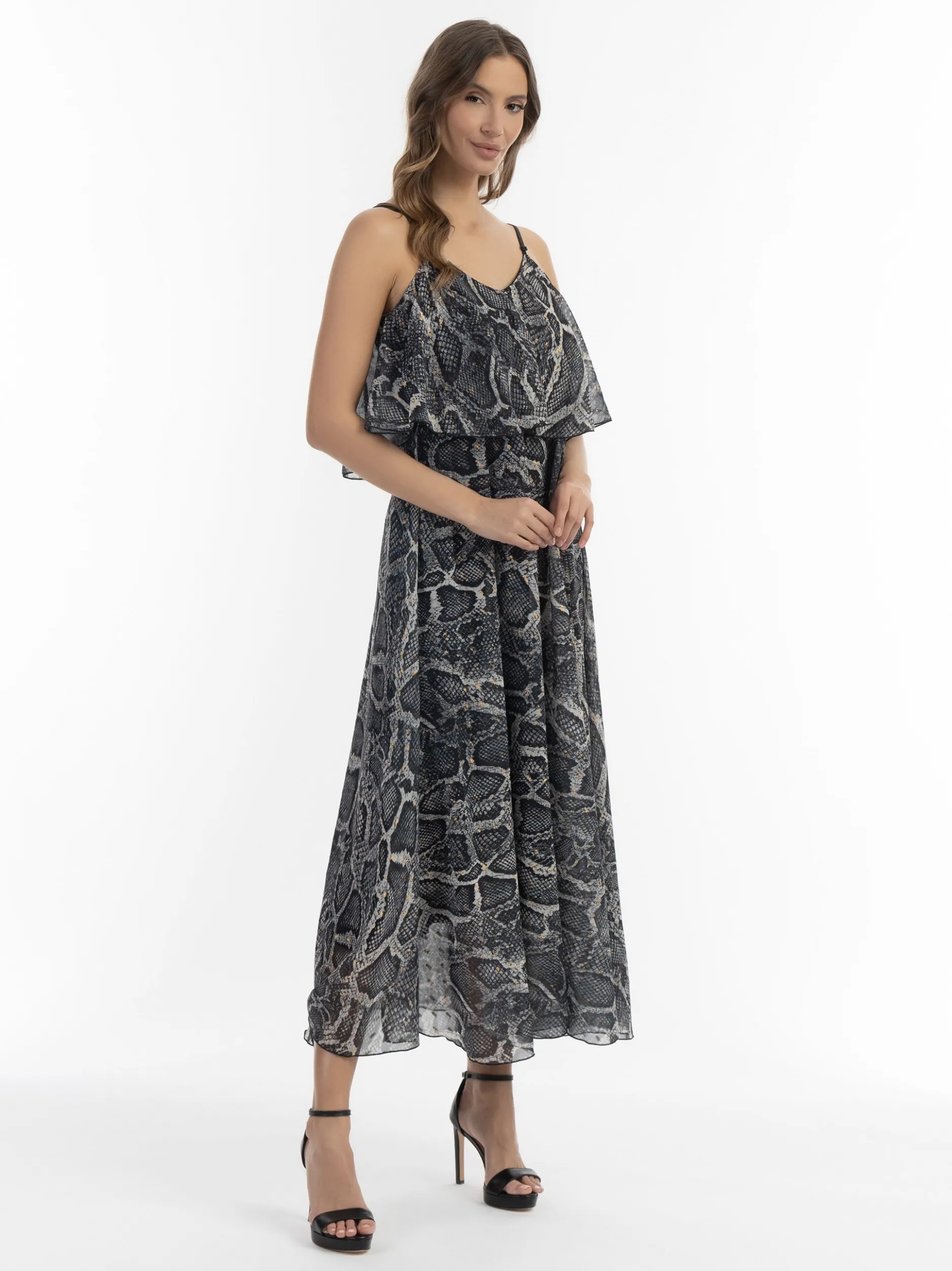 Faina Damen Maxikleid mit Schlangen-Print in schwarz
