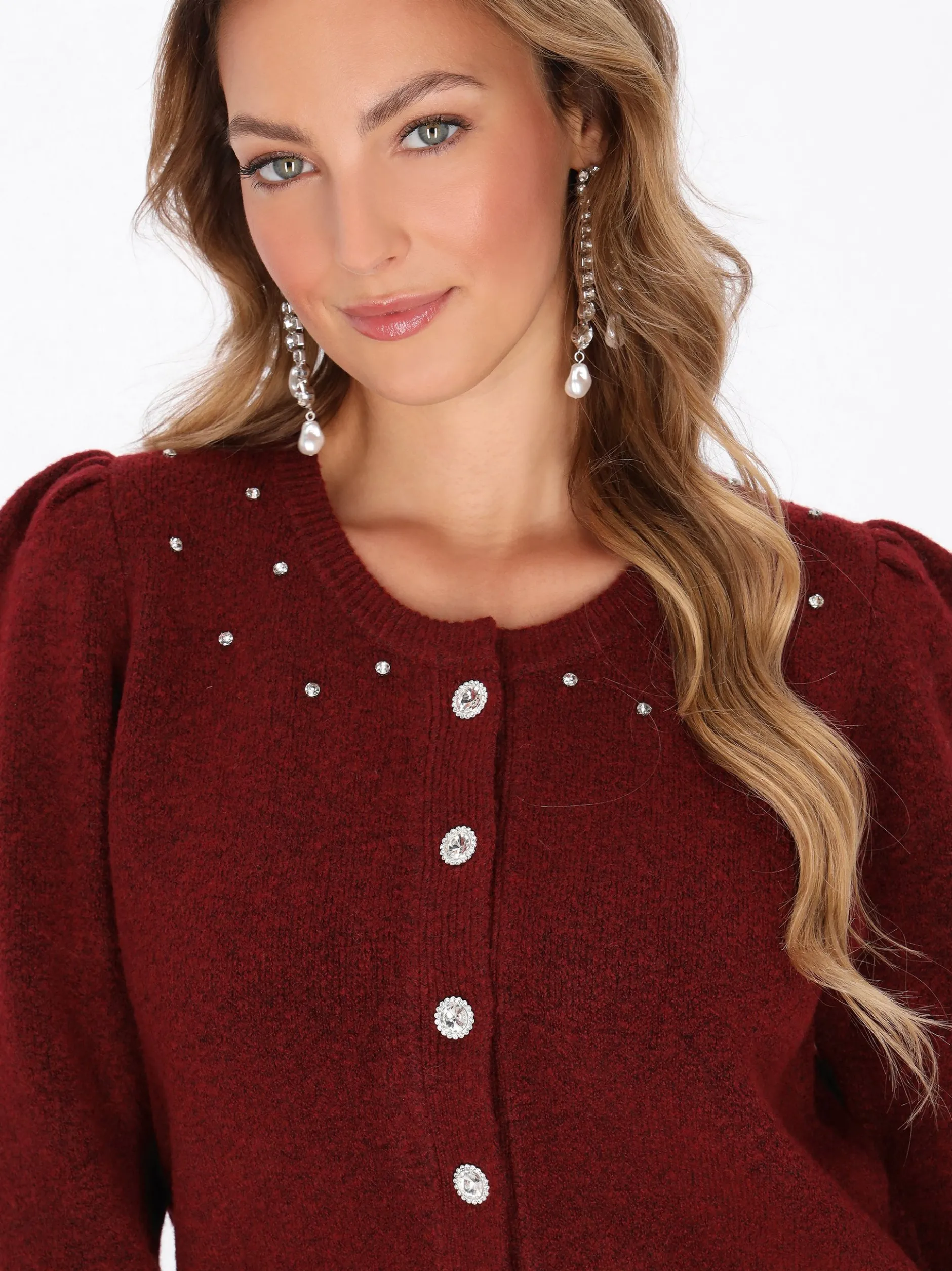 Faina Damen Strickjacke in rot - Ausschnitt: Rundhals