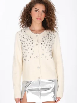 Faina Damen Strickjacke in weiß - Ausschnitt: Rundhals