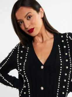 Faina Damen Strickjacke mit Perlen in schwarz