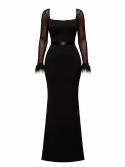 Goddiva Damen Maxikleid in schwarz - Ausschnitt: Karree