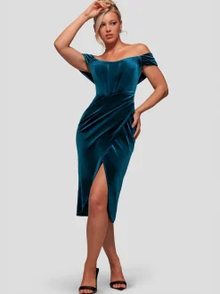 Goddiva Damen Midikleid in petrol - Ausschnitt: Carmen