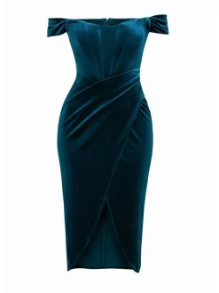 Goddiva Damen Midikleid in petrol - Ausschnitt: Carmen