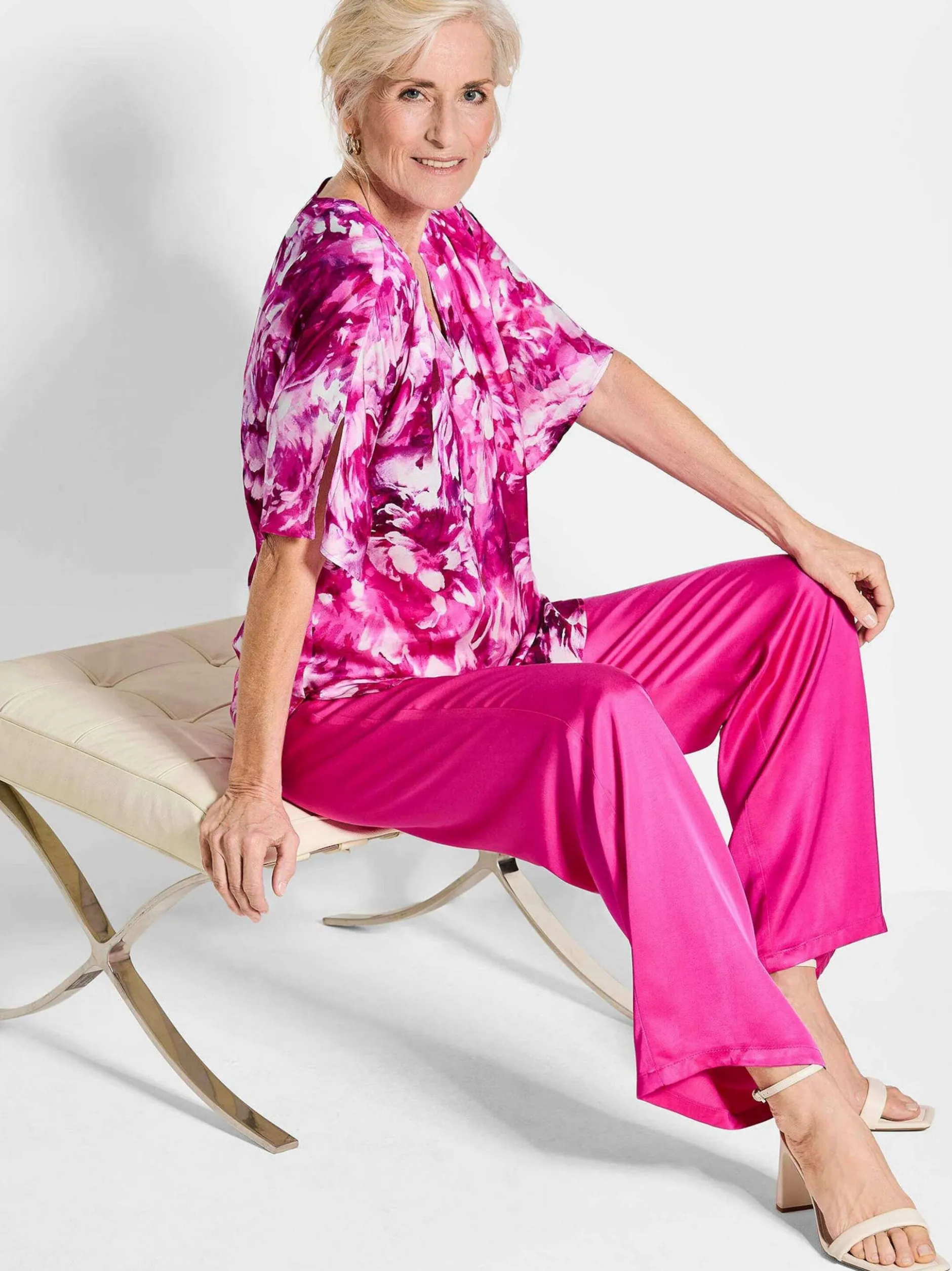 Goldner Damen Blusenshirt - Kurzgröße in pink weiß