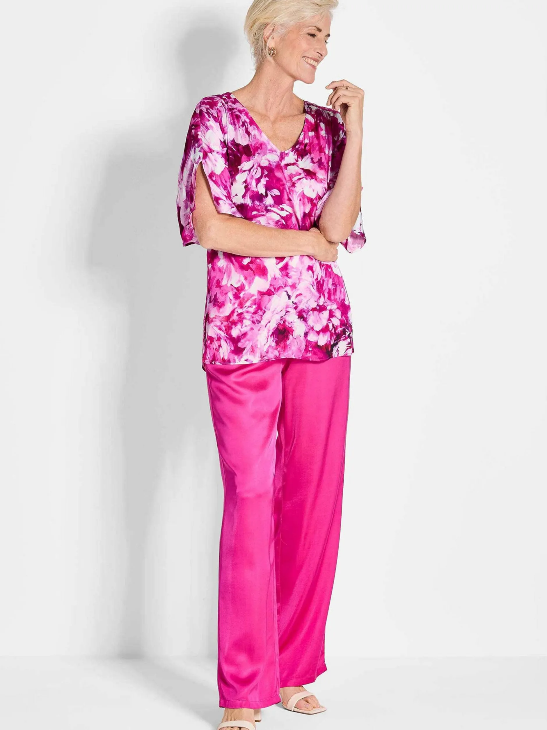 Goldner Damen Blusenshirt - Kurzgröße in pink weiß