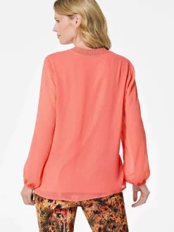 Goldner Damen Chiffon Blusen in koralle - Ärmel: langarm