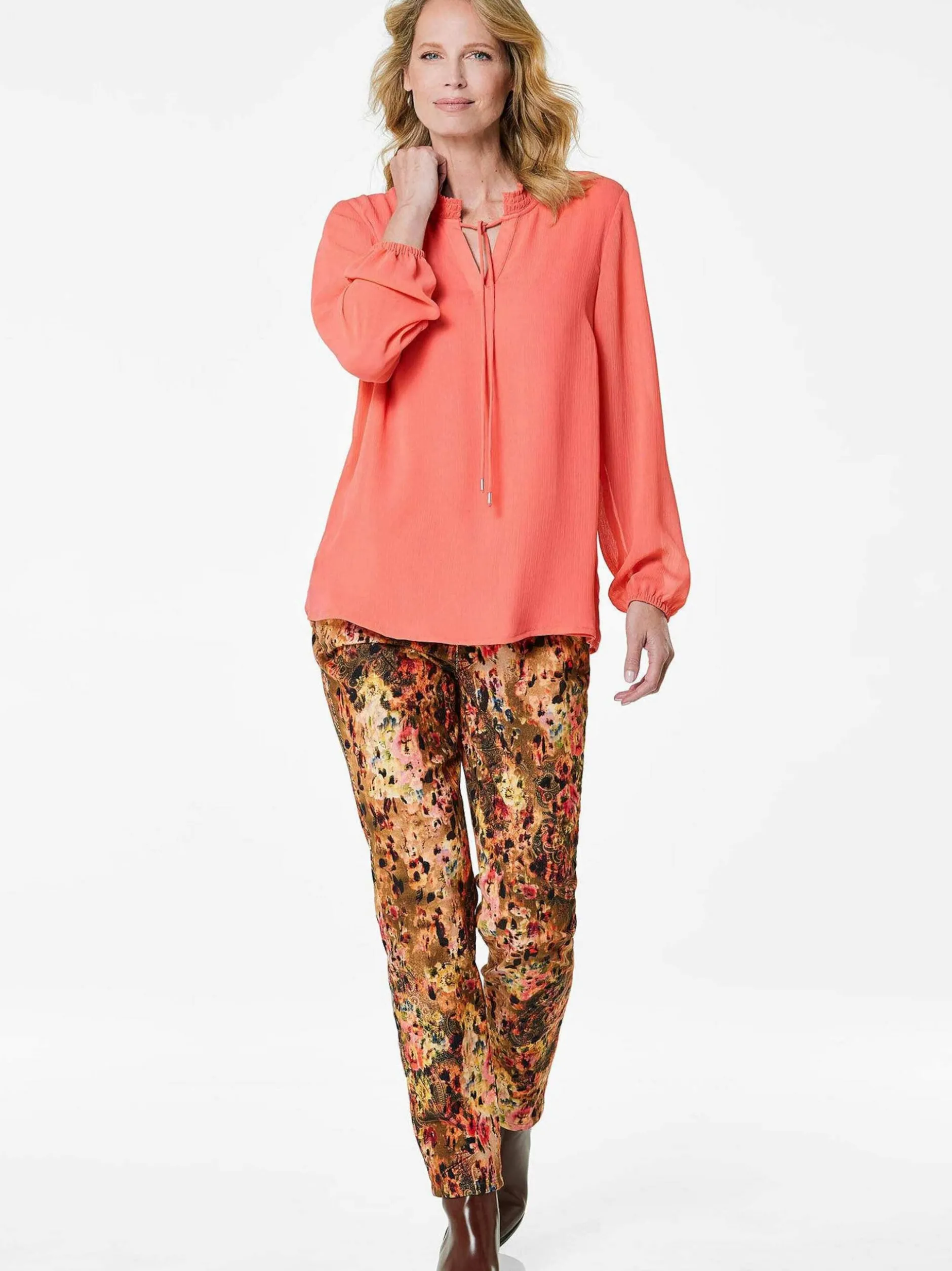 Goldner Damen Chiffon Blusen in koralle - Ärmel: langarm