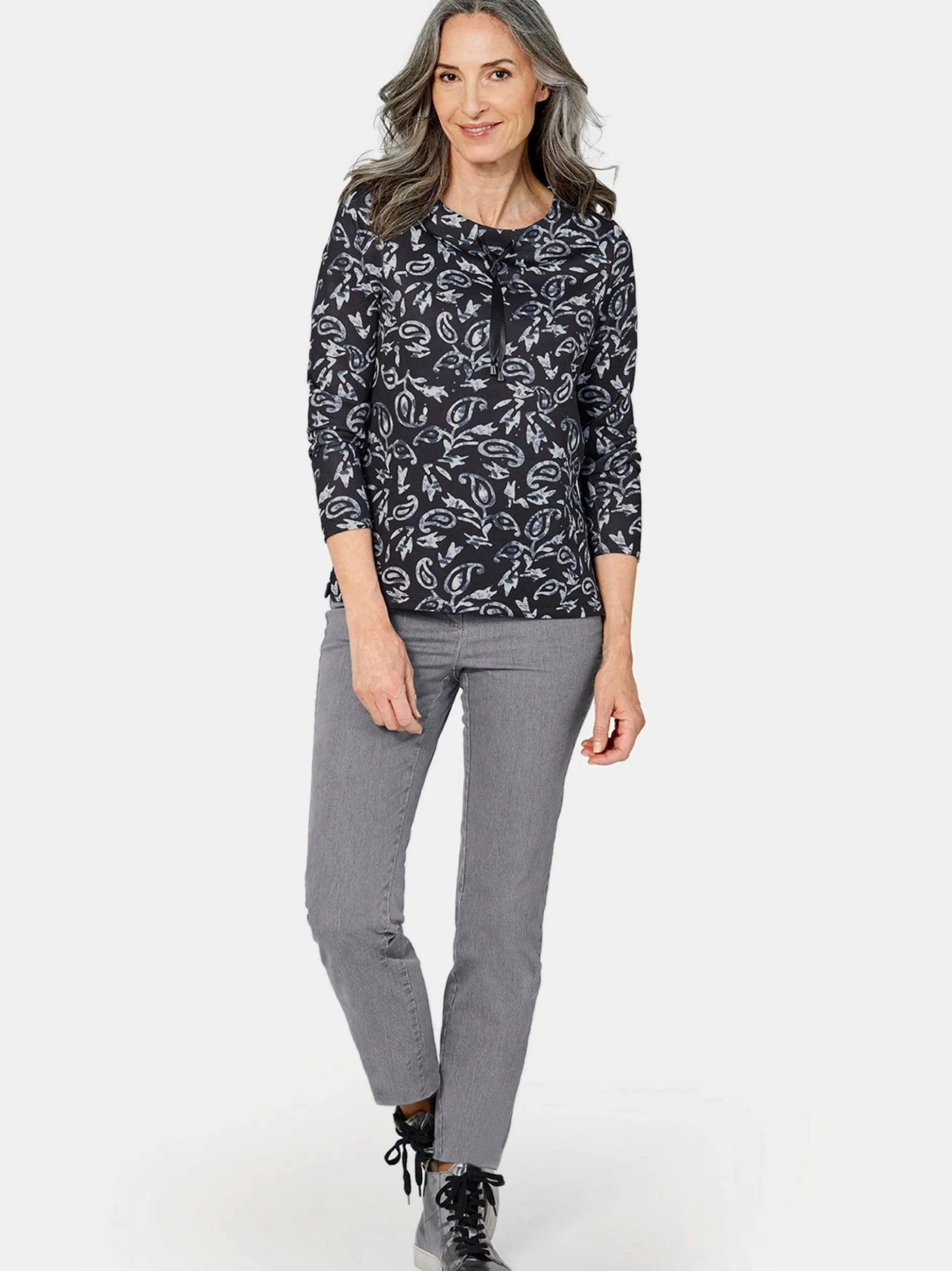 Goldner Damen Print Shirts in schwarz - Ärmel: langarm