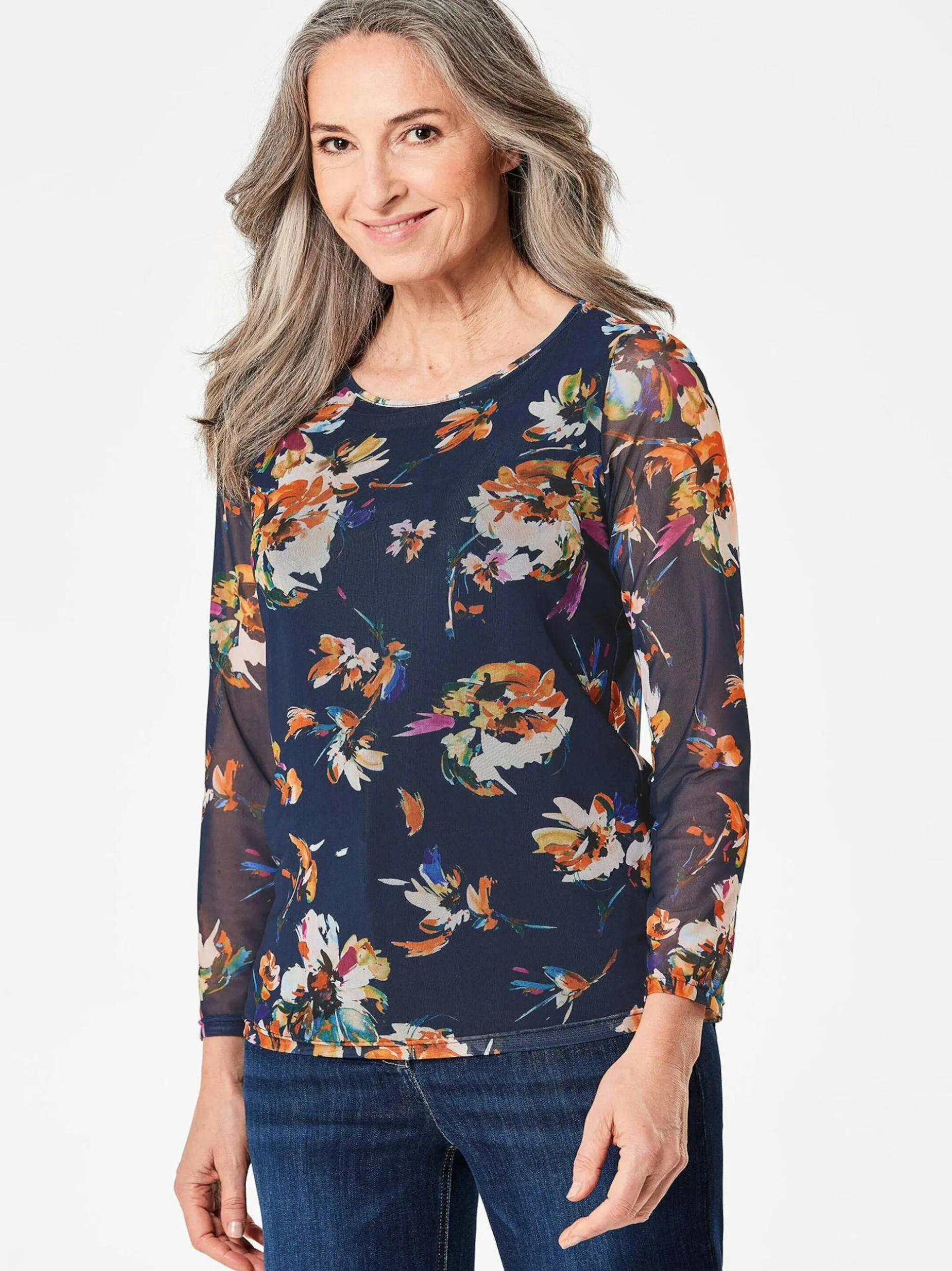Goldner Damen Print Shirts in marine - Ärmel: langarm