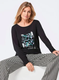 Goldner Damen Print Shirts in schwarz - Ärmel: langarm