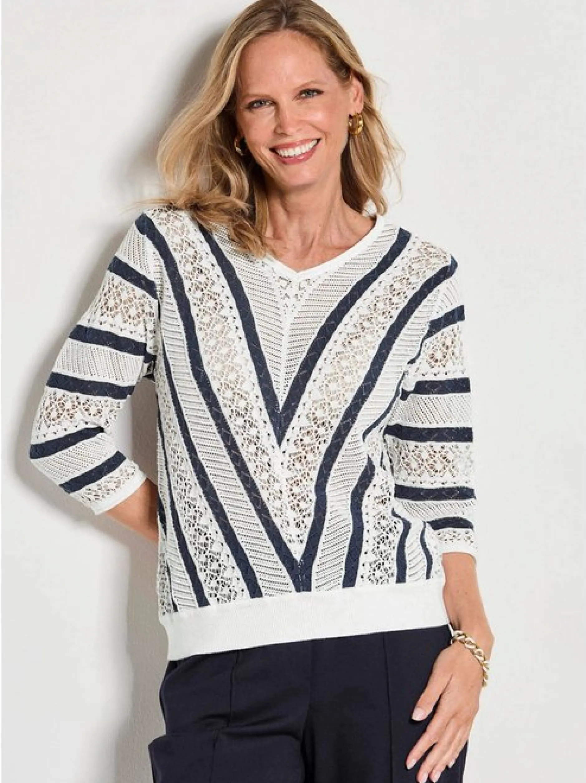 Goldner Damen Pullover in weiß - Ärmel: 3/4 Arm