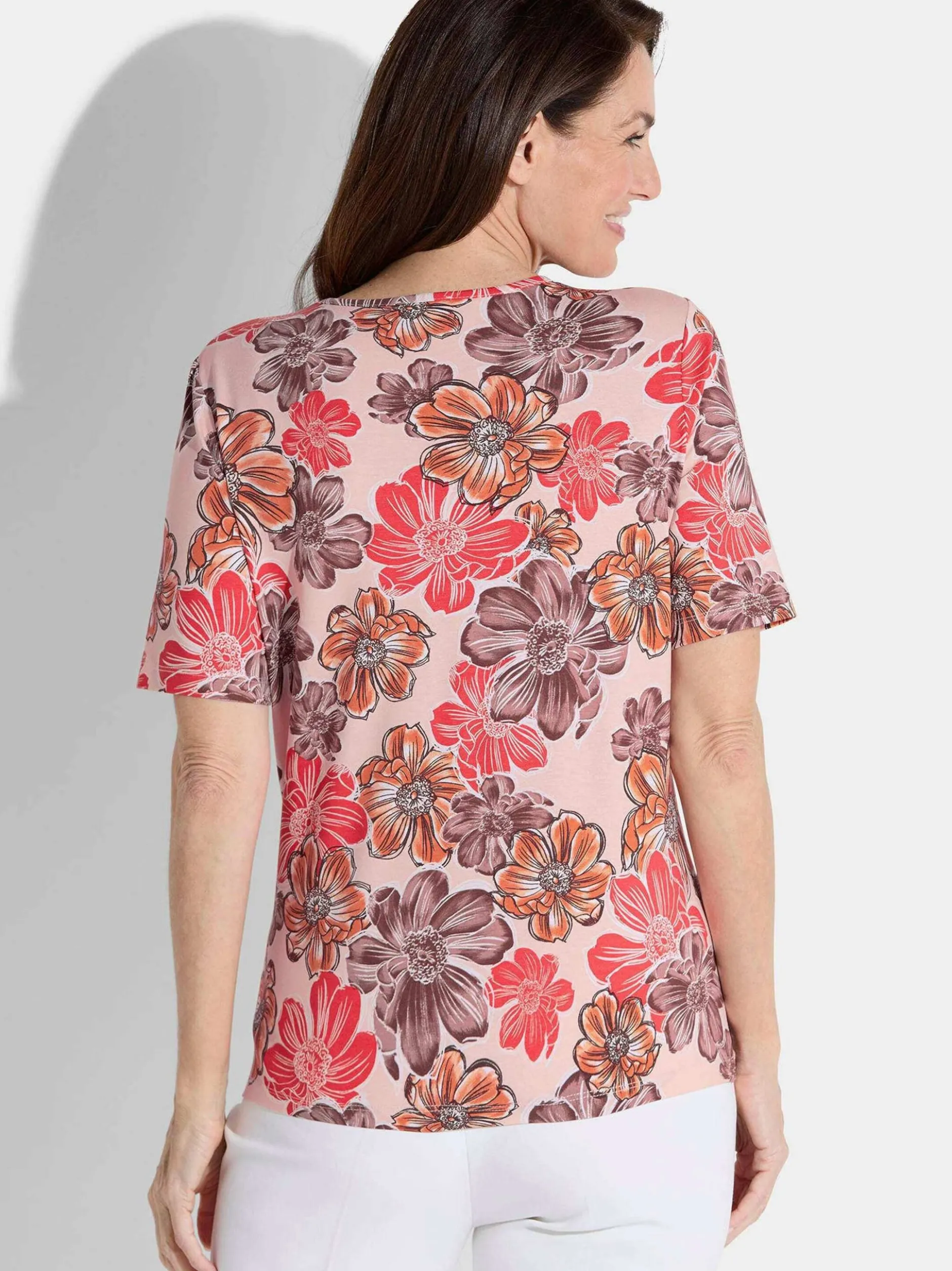 Goldner Damen T-Shirt - Kurzgröße in koralle mehrfarbig