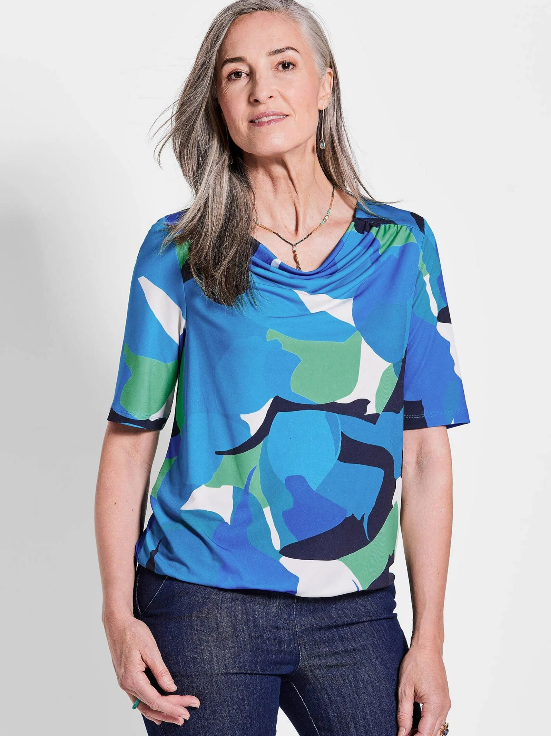 Goldner Damen T-Shirts in blau - Ausschnitt: Wasserfall