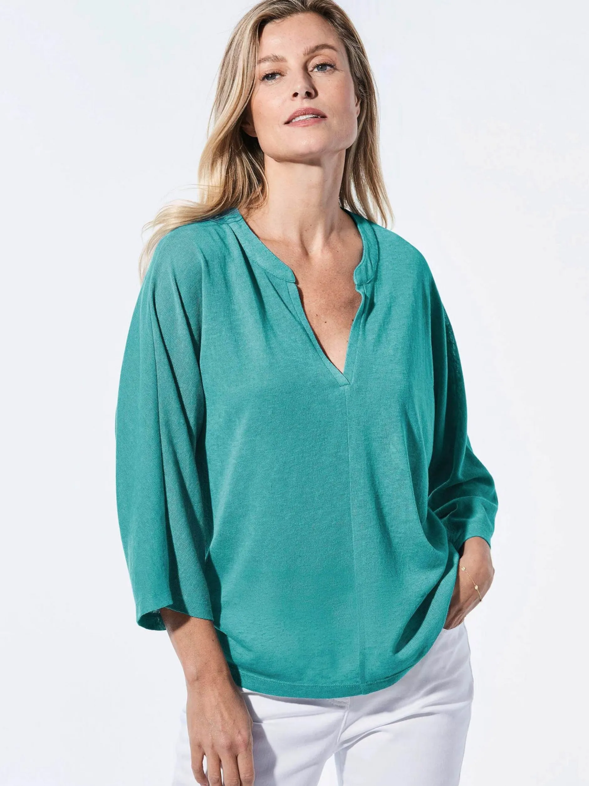 Goldner Damen T-Shirts in grün - Ausschnitt: Schalkragen