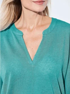Goldner Damen T-Shirts in grün - Ausschnitt: Schalkragen