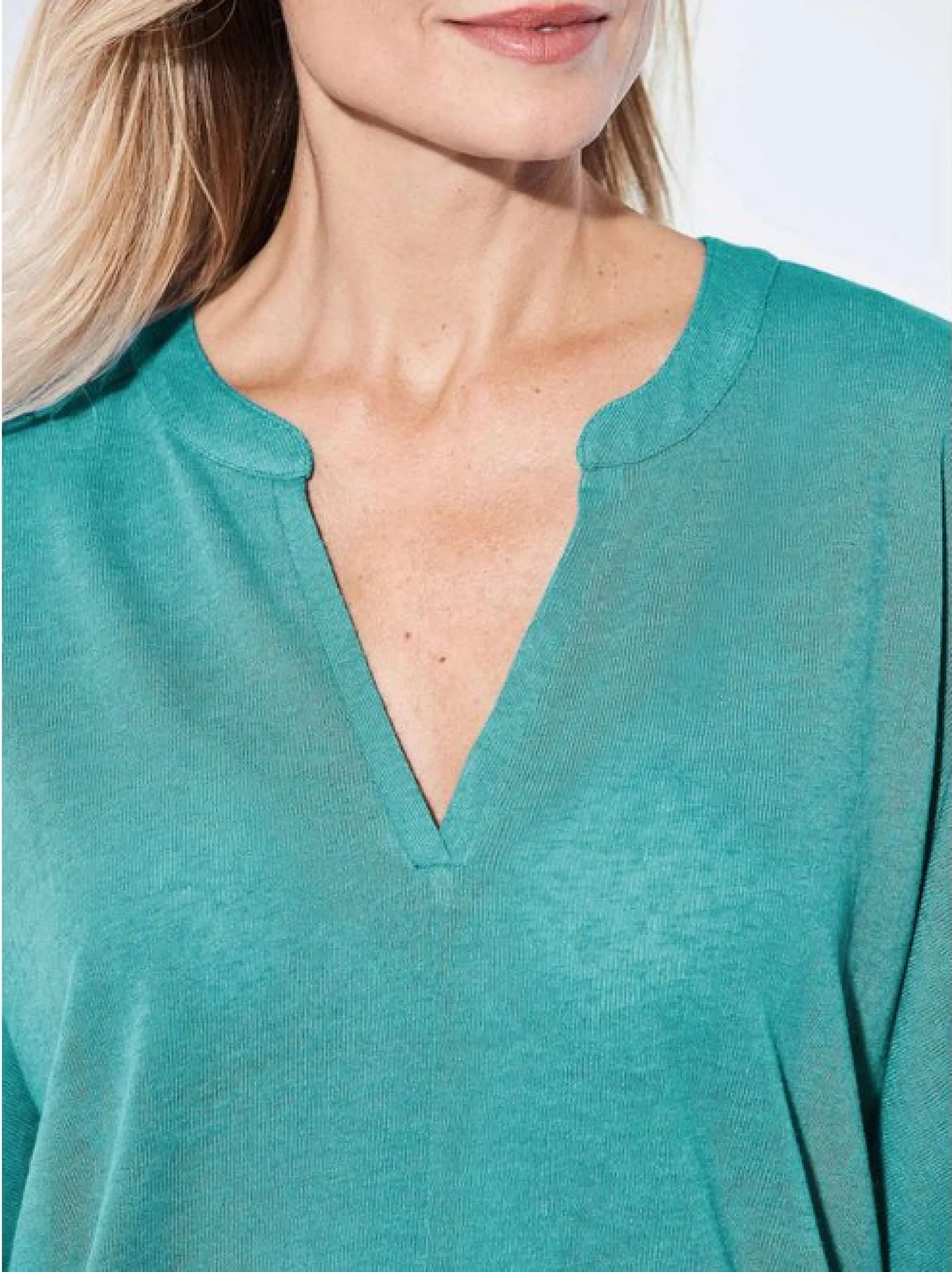 Goldner Damen T-Shirts in grün - Ausschnitt: Schalkragen