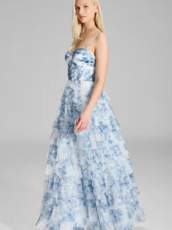 Hey Kyla Damen Abendkleid in blau weiß - Länge: lang