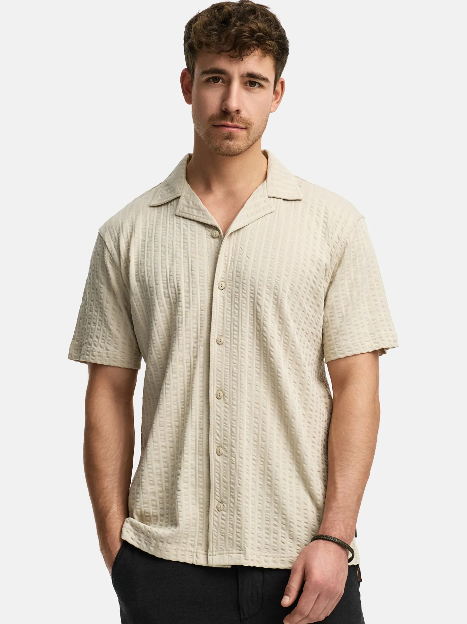 Indicode Herren Hemd Kurzarm - INCrepe in beige taupe