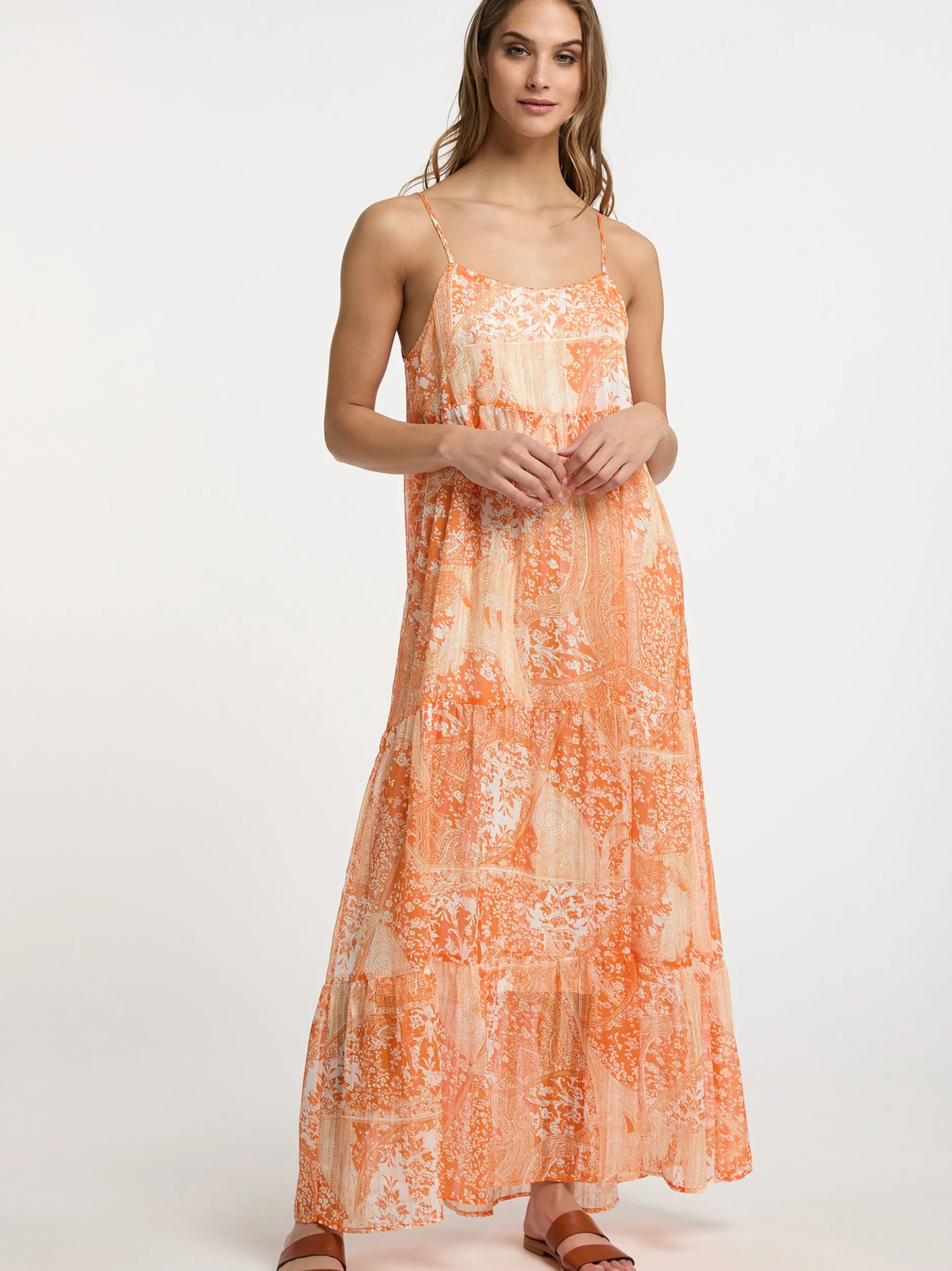 IZIA Damen Maxikleid in orange - Ausschnitt: Karree