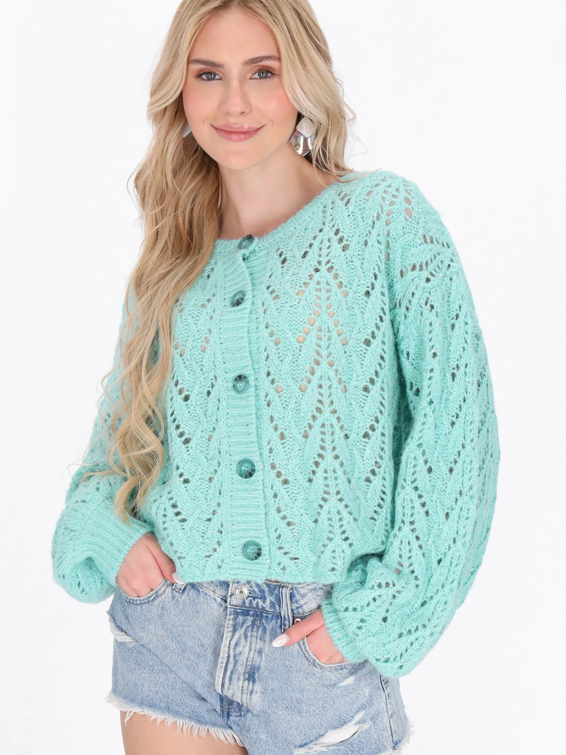 IZIA Damen Strickjacke in türkis - Ausschnitt: Rundhals