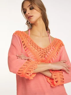 IZIA Damen Tunika mit Häkelpart in orange