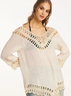 IZIA Damen Tunika mit Häkelpart in weiß