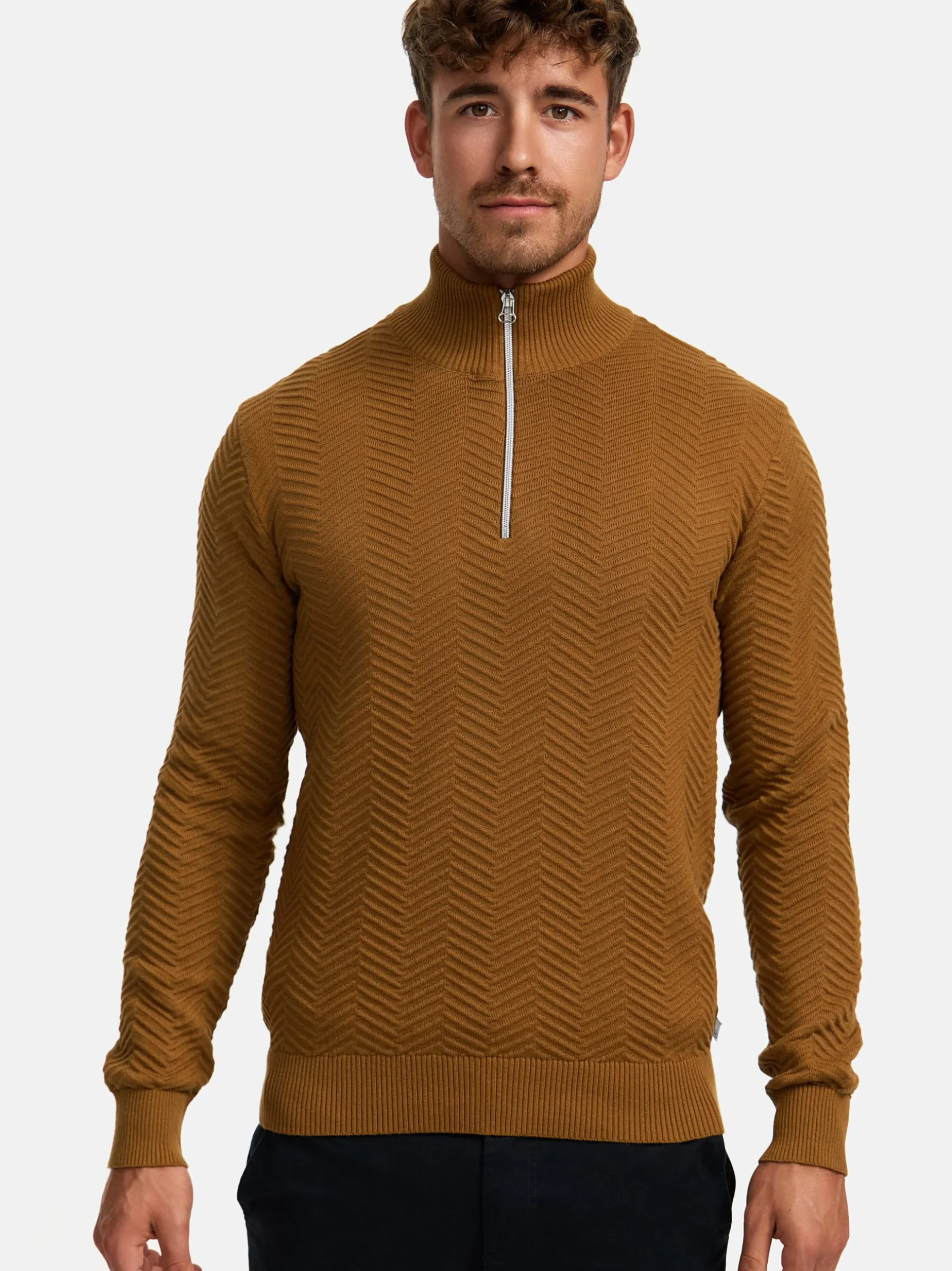 Kronstadt Herren Strickpullover - KSCarlo Half-Zip in braun