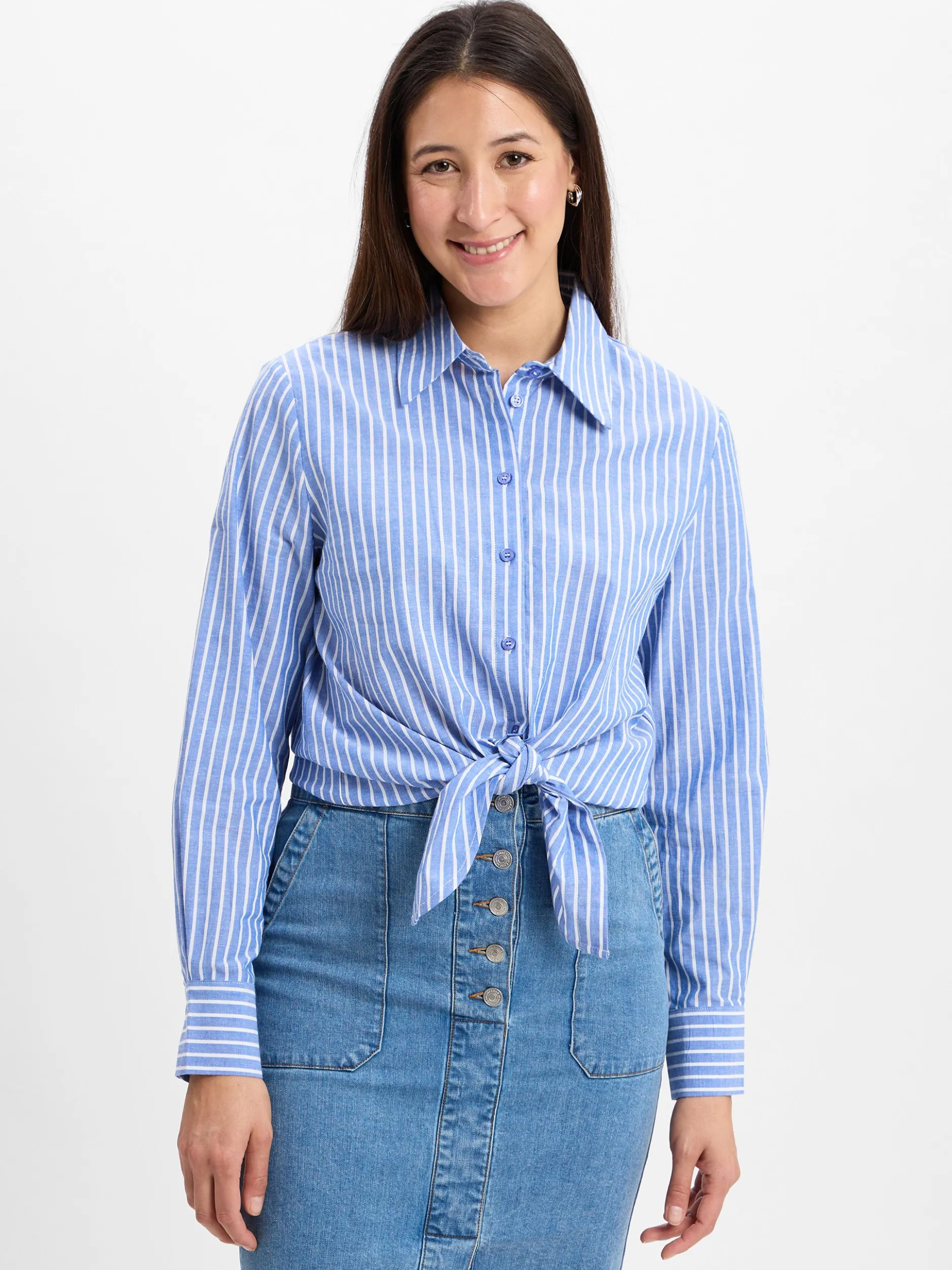 Marie Lund Collection Damen Hemdbluse mit Leinen-Anteil in blau weiß
