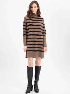 Marie Lund Damen Merinowoll-Strickkleid in taupe schwarz