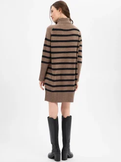 Marie Lund Damen Merinowoll-Strickkleid in taupe schwarz