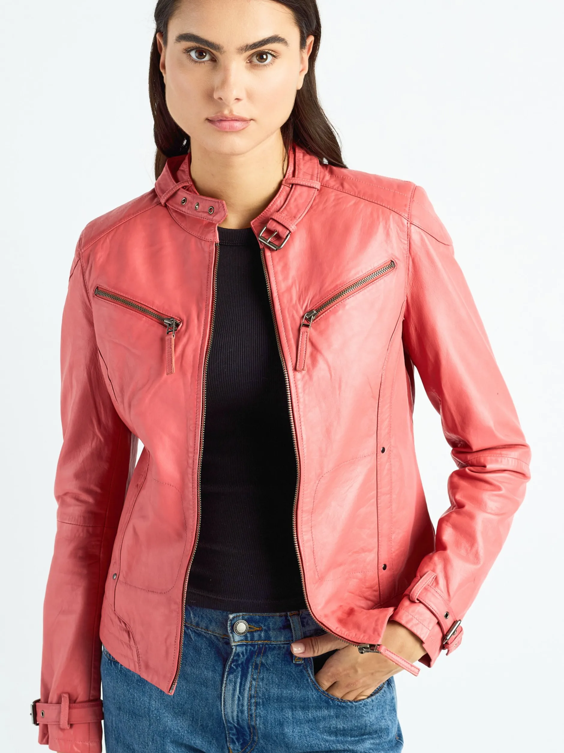 Maze Damen Lederjacke in koralle