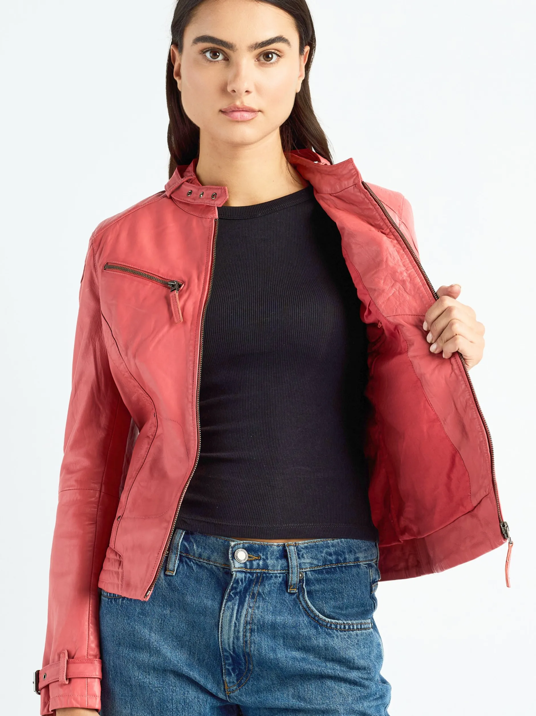 Maze Damen Lederjacke in koralle