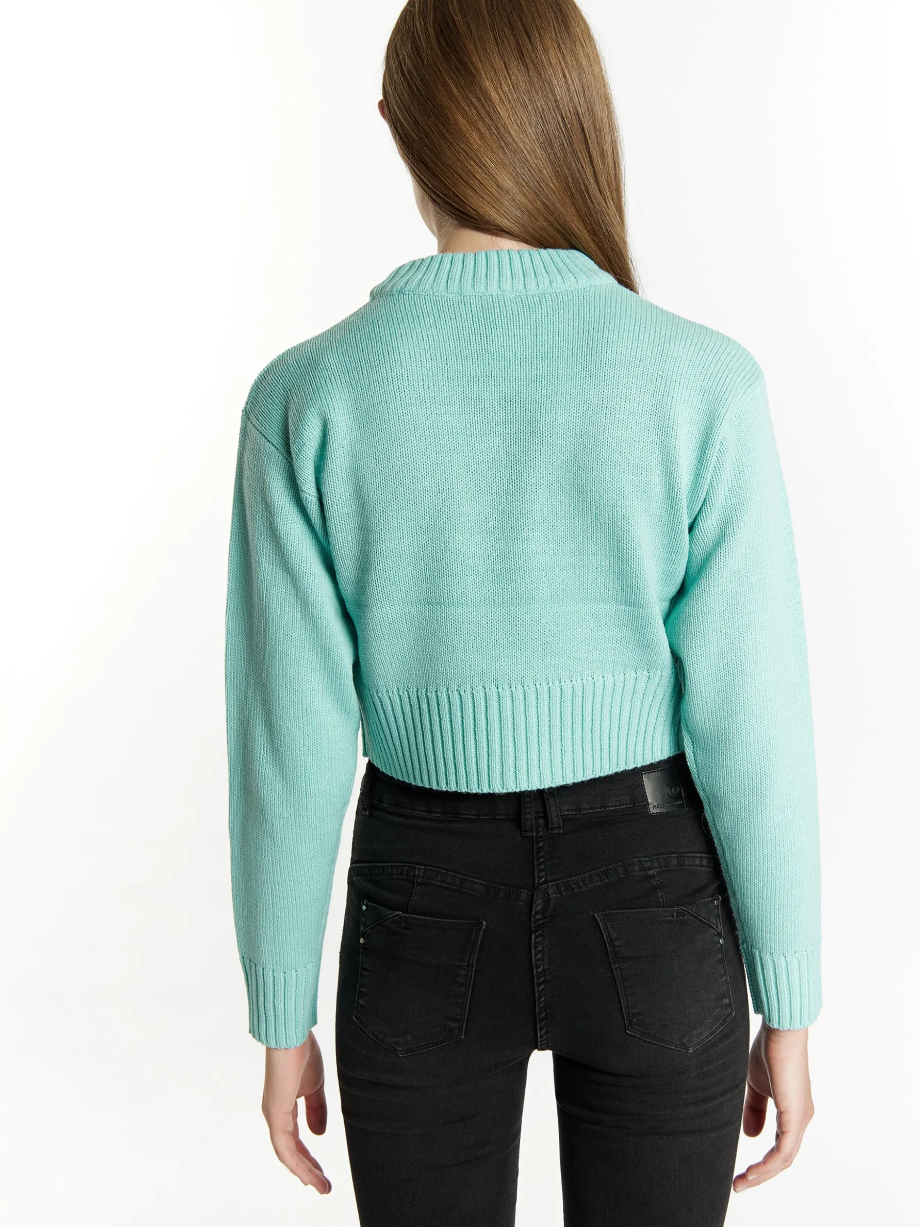 MyMo Damen Kurzer Pullover in aqua