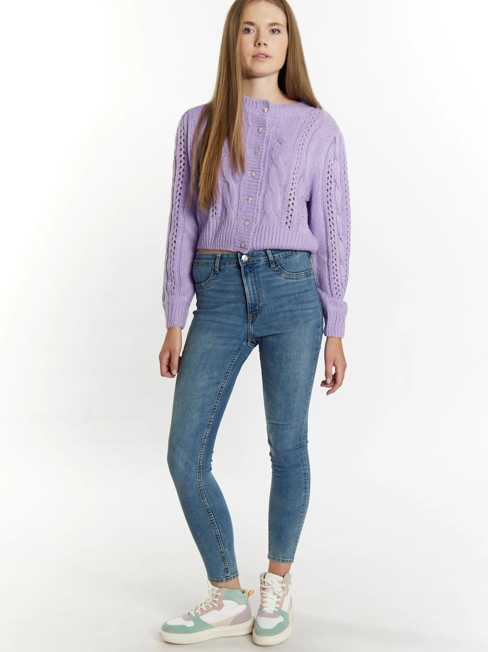 MyMo Damen Strickcardigan in lila - Ausschnitt: Rundhals