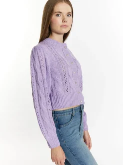 MyMo Damen Strickcardigan in lila - Ausschnitt: Rundhals