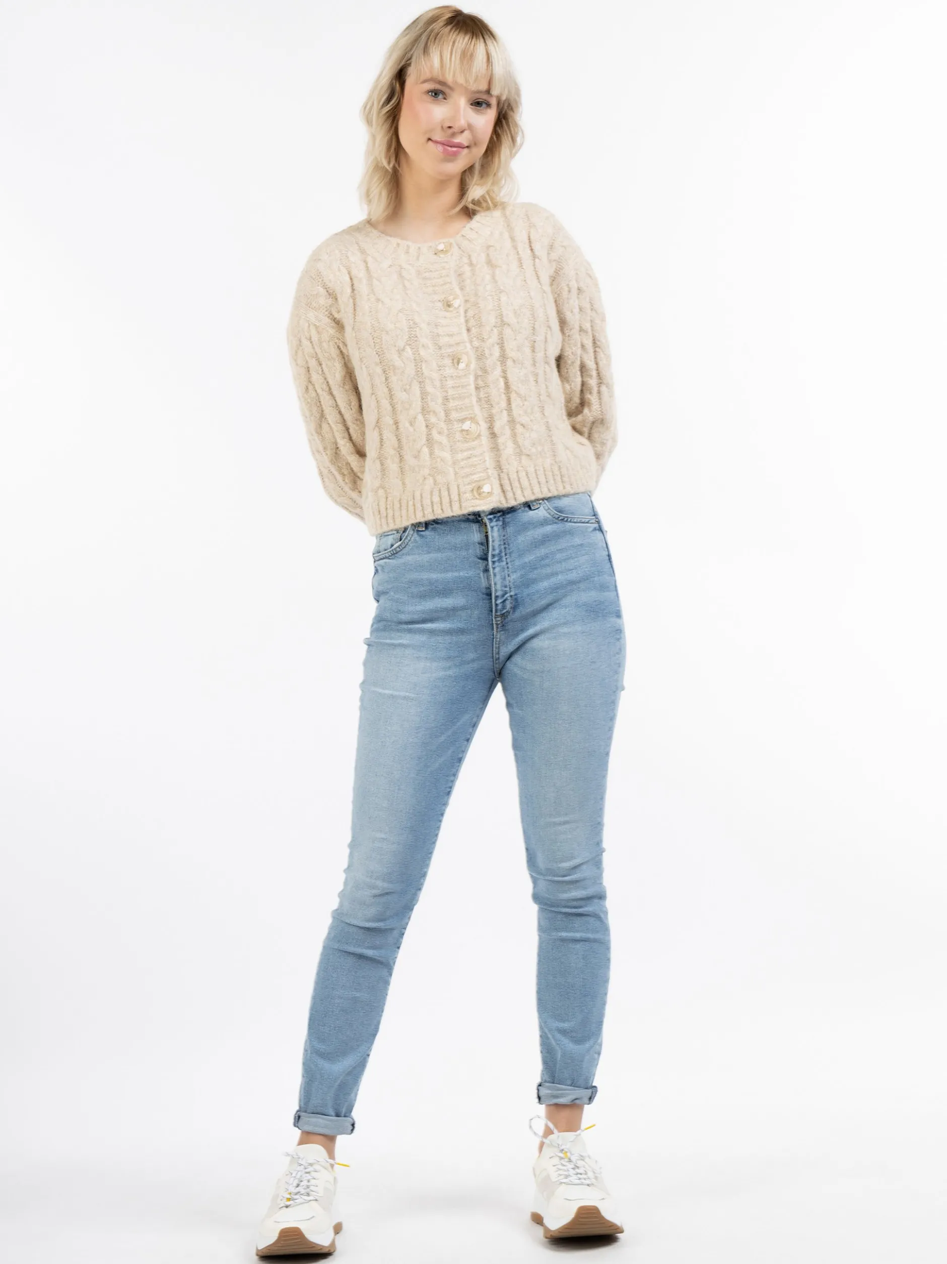 MyMo Damen Strickjacke in beige - Ausschnitt: Rundhals