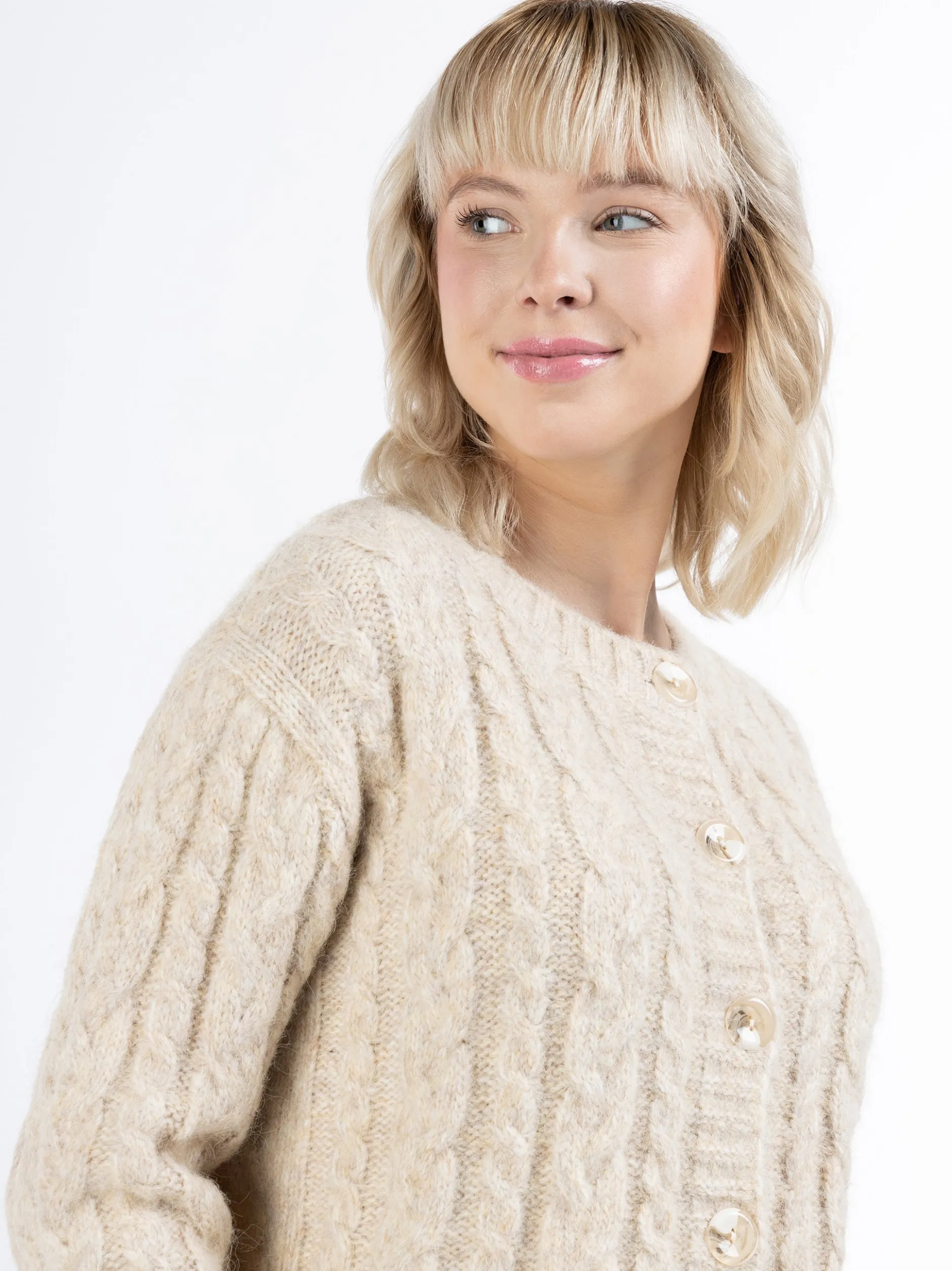 MyMo Damen Strickjacke in beige - Ausschnitt: Rundhals