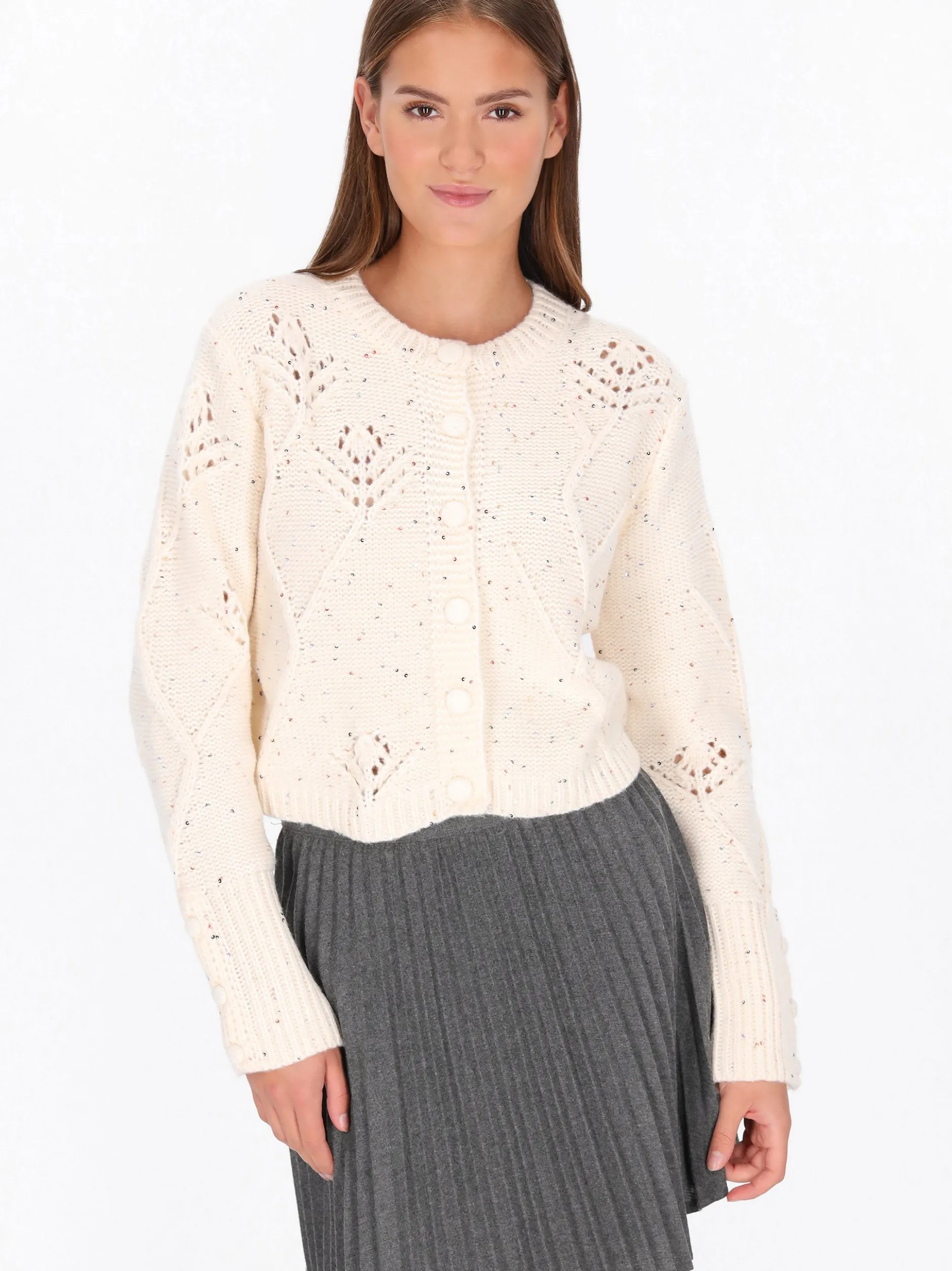 MyMo Damen Strickjacke in ecru - Ausschnitt: Rundhals