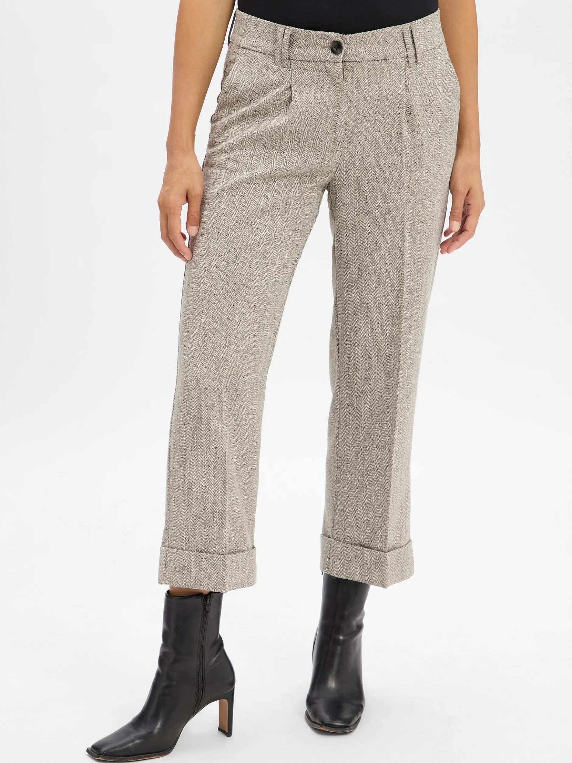 Opus Damen Bundfaltenhose - Meeri herringbone in kitt
