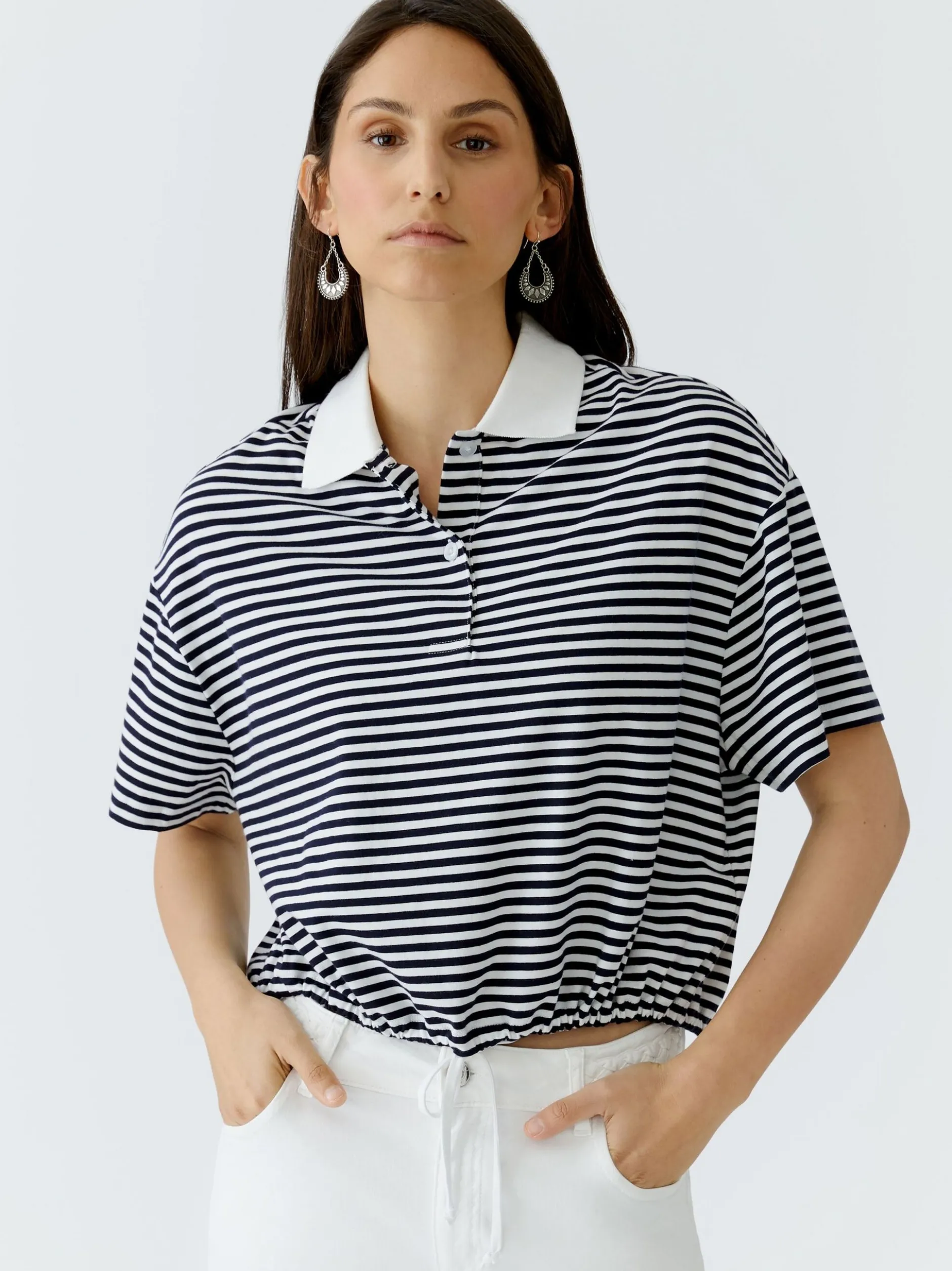 Oui Damen Poloshirt in blau weiß - Ärmel: Halbarm