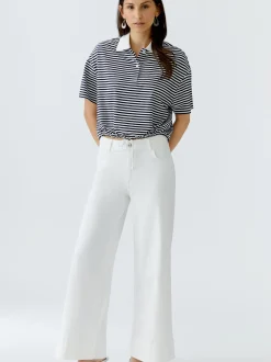 Oui Damen Poloshirt in blau weiß - Ärmel: Halbarm